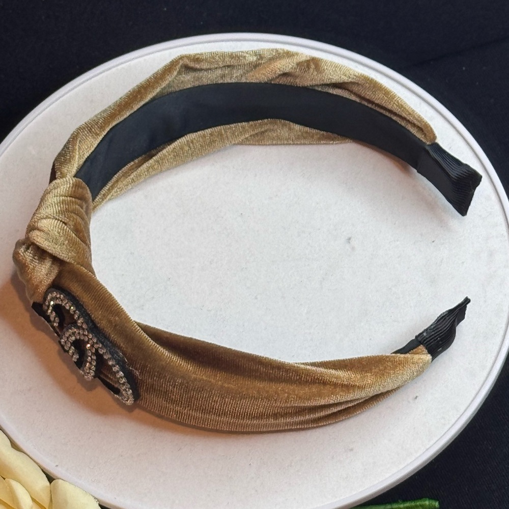 Tan Velvet Rhinestone Headband - Picture 9 of 14